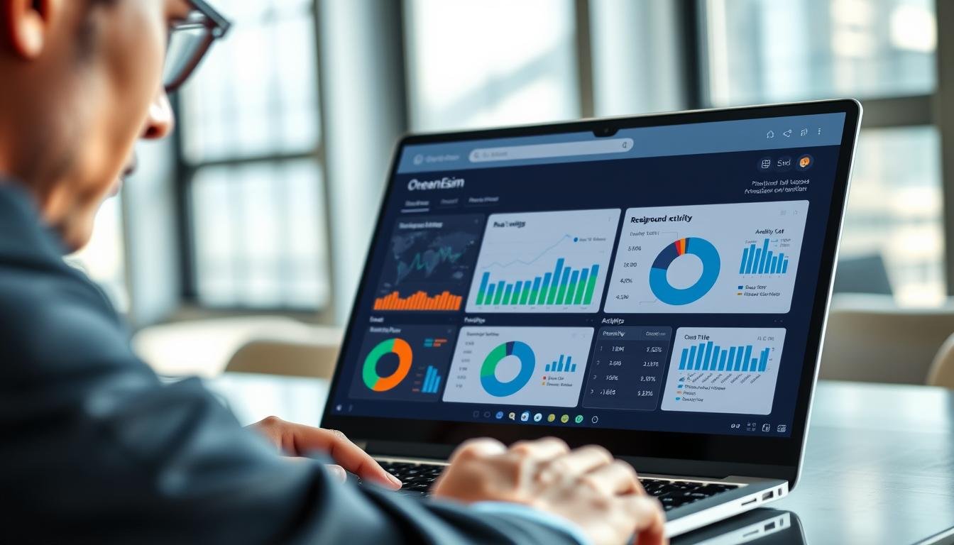 A detailed close-up of the "OceanEsim流量監控工具" user interface displayed on a sleek laptop screen. The foreground features a professional individual in business attire, focusing intently on the analytics dashboard that shows real-time data flows and background activity metrics. In the middle ground, there are graphs and pie charts visually illustrating traffic consumption and management tools, with vibrant blues and greens representing oceanic themes. The background showcases a modern office environment with soft, natural lighting filtering through a window, casting gentle shadows. The overall atmosphere is one of professionalism and technological sophistication, emphasizing efficient traffic management in a digital landscape.
