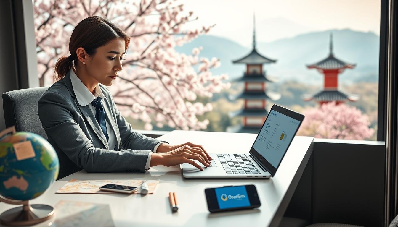 A professional travel agent in business attire, sitting at a sleek, modern desk, engaged in setting up an eSIM plan on a laptop. The background features a serene Japanese landscape, with cherry blossom trees and a traditional pagoda, evoking a sense of tranquility and connectivity. The desk has travel-related items such as a globe, maps of Japan, and a smartphone displaying the OceanEsim logo. Soft, natural light filters through a window, creating a warm, inviting atmosphere. The camera angle is slightly above the desk level, focusing on the agent’s hands as they navigate the eSIM setup process, with blurred elements of the traditional scenery in the background to enhance the focus on the professional task at hand.