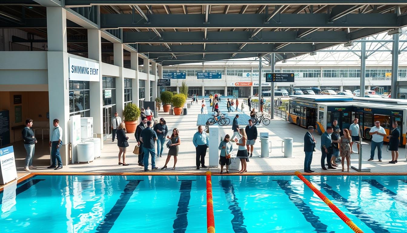 A vibrant and engaging swimming event location, showcasing its accessibility and facilities. In the foreground, a well-maintained entrance with clear signage welcomes visitors, while attendees in professional casual clothing discuss event details. The middle ground features a spacious, sunlit area with modern amenities such as shaded seating, water fountains, and clean restrooms. In the background, a panoramic view of a nearby public transit station, with buses and bicycles, illustrates the excellent connectivity to the venue. The atmosphere is lively yet professional, with soft, natural lighting enhancing the scene. Capture this from a slightly elevated perspective to give depth, showcasing the blend of convenience and comfort that supports high attendance at swimming events.