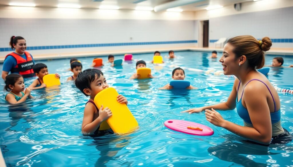 A vibrant swimming class scene centered around the technique of using kickboards as training aids. In the foreground, a diverse group of children in modest swim attire are practicing with colorful floating kickboards, demonstrating various techniques. One child is expertly supported by a kickboard, while the instructor, dressed in a professional lifeguard outfit, offers guidance with a friendly smile. The middle ground shows additional children engaged in similar exercises, showcasing teamwork and encouragement. The background features a well-lit indoor swimming pool with clear blue water, clean tiles, and bright overhead lights creating a warm atmosphere. The image captures a lively, educational mood, emphasizing the importance of technique in a safe and supportive environment. A vibrant swimming class scene centered around the technique of using kickboards as training aids. In the foreground, a diverse group of children in modest swim attire are practicing with colorful floating kickboards, demonstrating various techniques. One child is expertly supported by a kickboard, while the instructor, dressed in a professional lifeguard outfit, offers guidance with a friendly smile. The middle ground shows additional children engaged in similar exercises, showcasing teamwork and encouragement. The background features a well-lit indoor swimming pool with clear blue water, clean tiles, and bright overhead lights creating a warm atmosphere. The image captures a lively, educational mood, emphasizing the importance of technique in a safe and supportive environment.