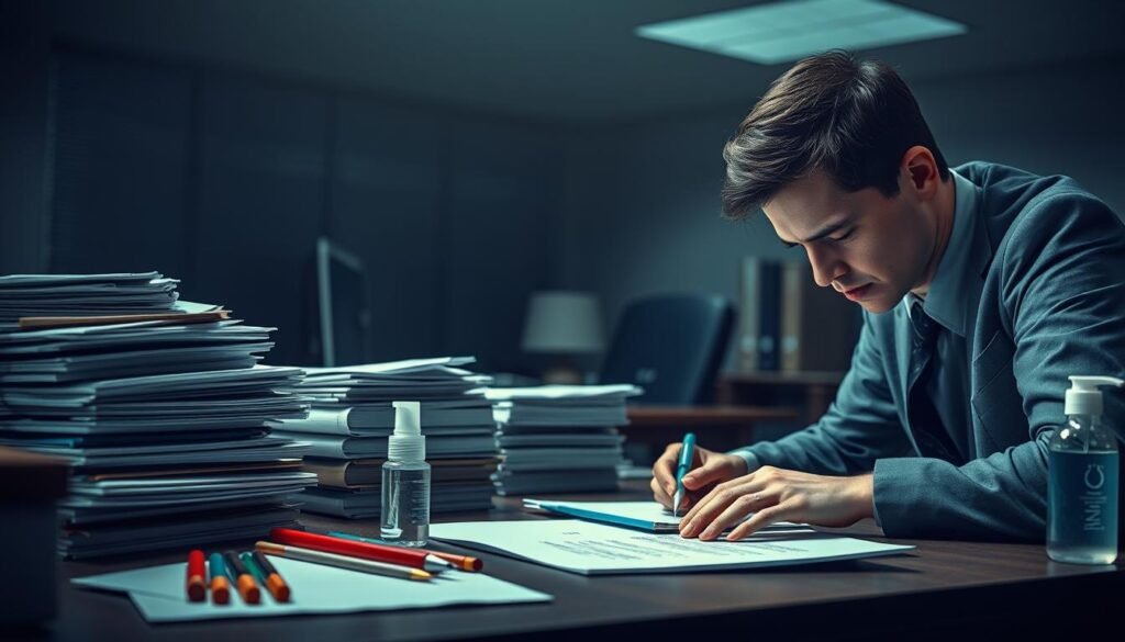 A visually compelling illustration depicting the characteristics of compulsive behaviors related to obsessive-compulsive disorder (OCD). In the foreground, a person in professional attire is portrayed engaging in a repetitive action, such as meticulously arranging items on a desk, exhibiting visible signs of anxiety and focus. The middle ground features a close-up of various objects that symbolize compulsive behaviors, like stacks of papers, hand sanitizers, and perfectly aligned stationery. The background shows a dimly lit office environment, with soft, diffused lighting creating a tense yet focused atmosphere. The image should evoke a sense of intensity and urgency, capturing the inner turmoil associated with OCD. The angle should be slightly angled to enhance depth, drawing the viewer's attention to the subject's fixation on the task.