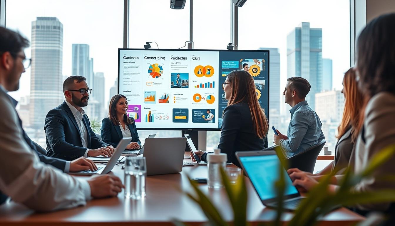 A visually engaging scene depicting a modern advertising strategy meeting. In the foreground, a diverse group of professionals in business attire collaboratively discussing content-focused advertising material, surrounded by laptops and digital displays showcasing analytics and creative designs. In the middle ground, a light-filled conference room with a large screen displaying vibrant visual ads and diagrams highlighting key strategies and audience targeting. In the background, large windows showing a bustling cityscape, conveying a sense of innovation and progress. The lighting is bright and inviting, emphasizing a productive atmosphere, with warm tones to create a sense of collaboration and creativity. The camera angle is slightly angled upwards, capturing the energy of the team and the dynamic environment.