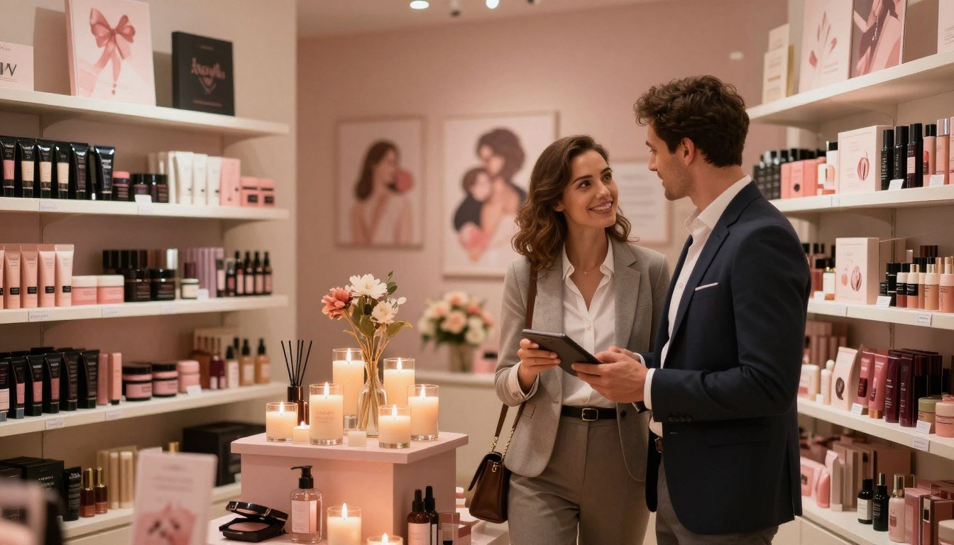A cozy, well-lit interior of a sex shop, showcasing elegantly arranged shelves filled with various intimacy-enhancing products. In the foreground, a couple in professional business attire is browsing, looking engaged and happy as they explore items that promote intimacy. The middle ground features a soft, romantic display of mood-setting candles and tasteful decor, while the background is adorned with subtle artworks conveying love and connection. Warm, inviting lighting bathes the scene, creating a cinematic and intimate atmosphere. The image composition should be in a 4:3 aspect ratio, emphasizing the warmth and comfort of the space without any explicit or provocative elements.