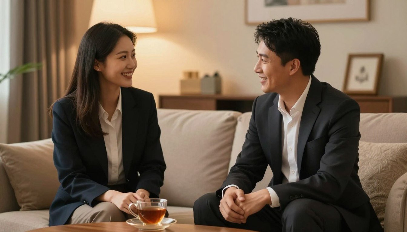 A serene and cozy indoor setting, featuring a couple in a warm, softly lit room. The background showcases tasteful decor, with gentle lighting creating a romantic atmosphere. The couple, dressed in professional business attire, are engaged in a casual conversation, displaying expressions of joy and connection. They are seated on a comfortable sofa, with a small coffee table in front holding a stylish cup of tea. The composition should have a 4:3 aspect ratio, capturing the intimacy of the moment. The focus should be on their facial expressions, highlighting a sense of warmth and shared experience. The overall mood should feel inviting and cinematic, perfect for illustrating genuine user experiences.