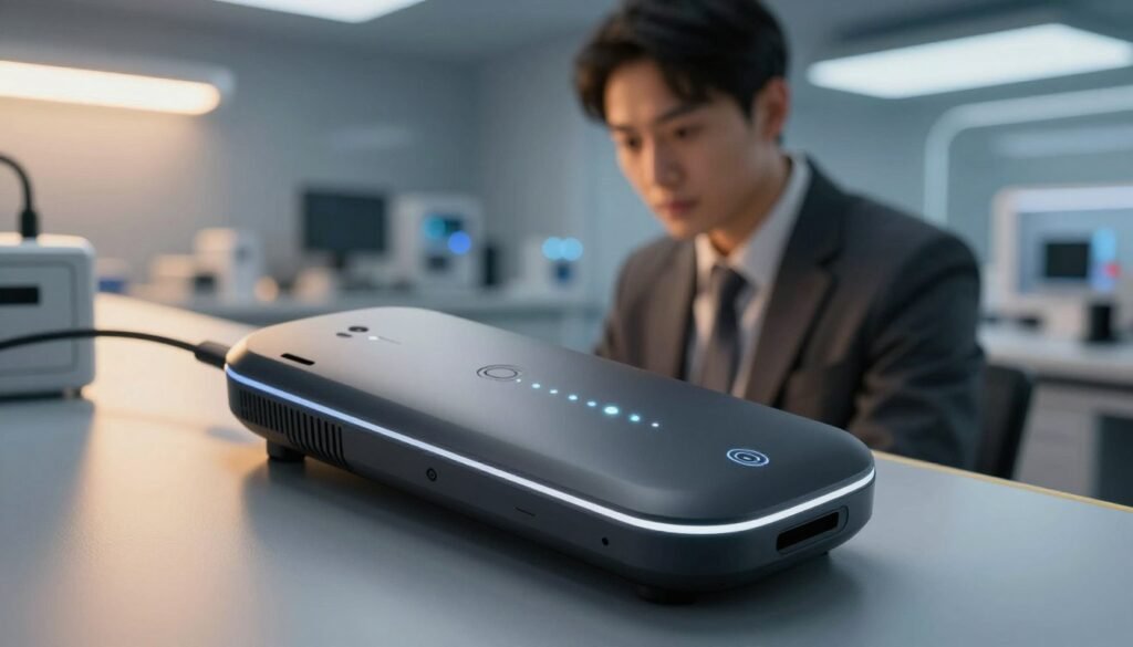 A sleek, modern design of a wireless remote-controlled device, featuring innovative technology elements that suggest advancement in the industry. The foreground showcases the device prominently, with intricate details highlighting its smooth surfaces and LED indicators. In the middle, an engineer in professional attire examines the device, radiating a sense of discovery and innovation. The background reveals a high-tech lab environment with soft, warm lighting creating a cinematic but cozy atmosphere, enhancing the focus on the device. The camera angle is slightly above eye level to provide a dynamic perspective, emphasizing the futuristic aspects of the technology, while maintaining a Safe For Work demeanor. The image is captured in a 4:3 aspect ratio for a balanced composition.