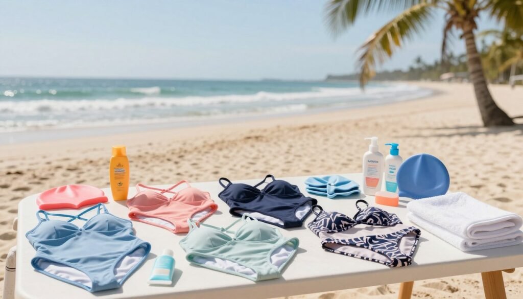 A stylish and professional image showcasing a variety of women's swimwear styles laid out neatly on a beachside table. In the foreground, display several different swimsuit designs, including various colors and patterns, arranged alongside necessary nursing care items like sunscreen, swim caps, and towels. In the middle ground, a soft-focus sunlit beach scene with gentle waves and a clear sky, creating a warm and inviting atmosphere. The background captures distant palm trees swaying lightly in the breeze. The lighting is bright and natural, evoking a cheerful and refreshing mood. Use a slightly elevated angle to encompass the breadth of the displayed swimwear and nursing items, ensuring a clean and organized look.