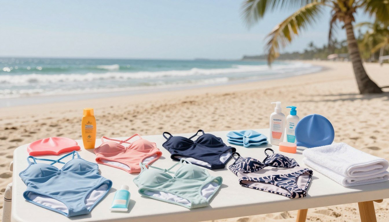 A stylish and professional image showcasing a variety of women's swimwear styles laid out neatly on a beachside table. In the foreground, display several different swimsuit designs, including various colors and patterns, arranged alongside necessary nursing care items like sunscreen, swim caps, and towels. In the middle ground, a soft-focus sunlit beach scene with gentle waves and a clear sky, creating a warm and inviting atmosphere. The background captures distant palm trees swaying lightly in the breeze. The lighting is bright and natural, evoking a cheerful and refreshing mood. Use a slightly elevated angle to encompass the breadth of the displayed swimwear and nursing items, ensuring a clean and organized look.