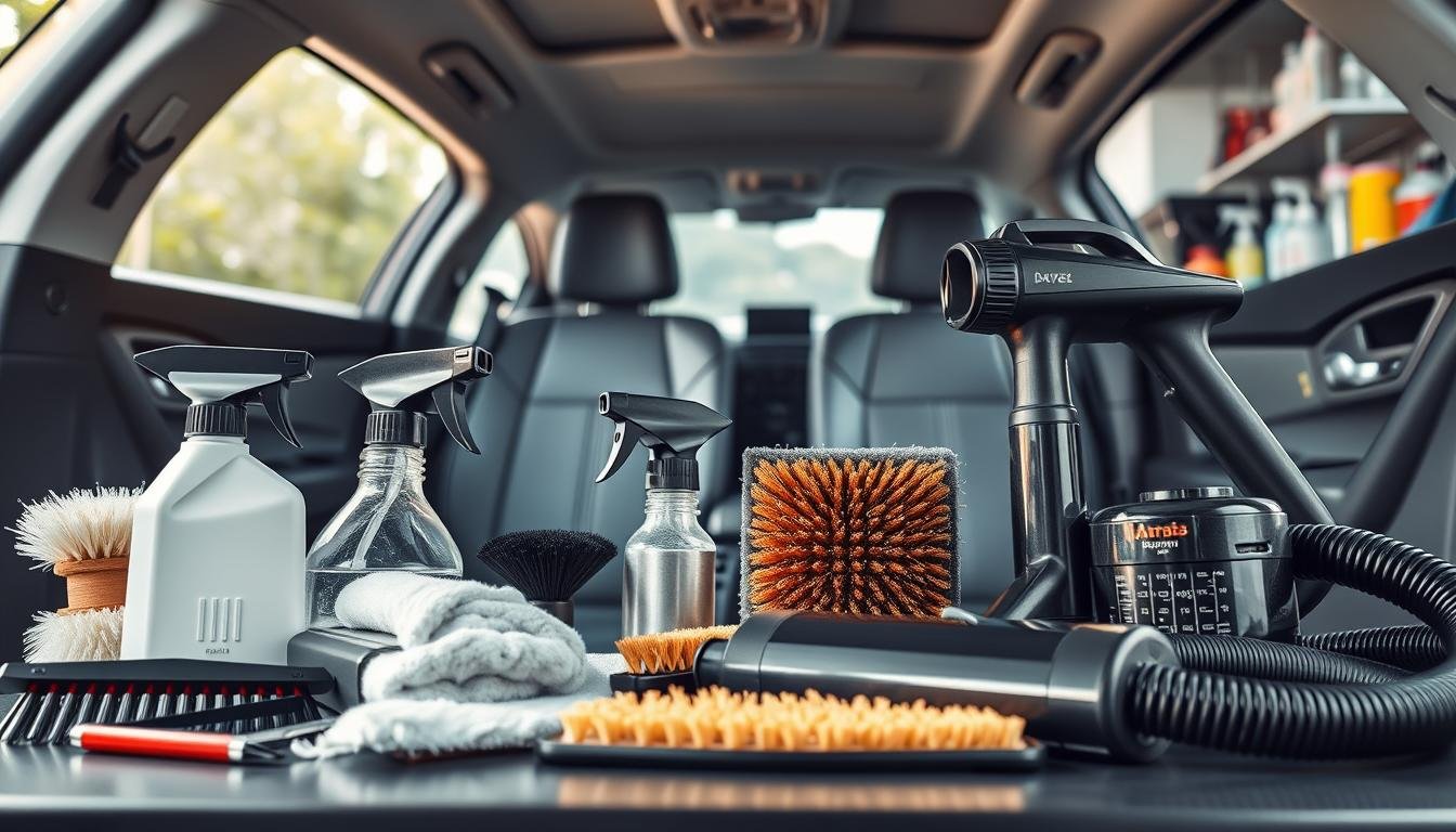 A professional car detailing tool set focused on deep cleaning car interior seats and air conditioning systems. In the foreground, display a selection of specialized cleaning brushes, sprays, and high-pressure vacuum equipment, meticulously arranged. The middle ground features a well-maintained car interior showcasing the freshly cleaned seats and visible air vents, glistening under bright, natural lighting. The background includes a neatly organized workspace with cleaning supplies, emphasizing a professional atmosphere. The scene should evoke a sense of thoroughness and expertise in car care, highlighting the importance of deep cleaning. Use a slightly elevated angle to capture the tools and interior details effectively, ensuring a clean, polished composition that conveys professionalism.