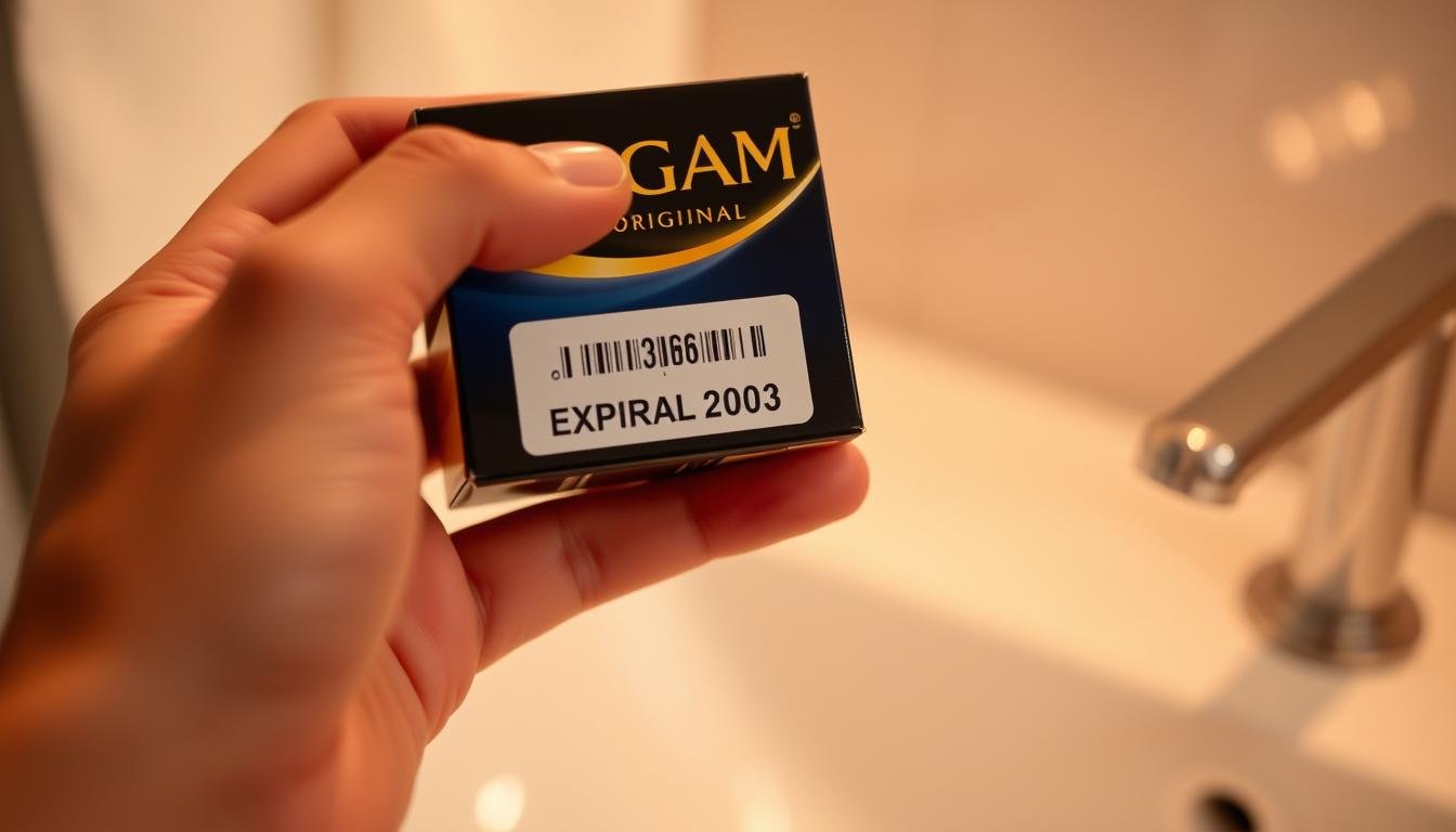 A close-up view of a hand inspecting the expiration date printed on the bottom of a box of "Sagami Original" ultra-thin condoms. The foreground features the hand delicately holding the box, which is sleek and modern in design. In the middle ground, focus on the clear, printed expiration date, highlighted with soft, diffused lighting to enhance visibility. The background incorporates a clean, minimalistic setting, perhaps a softly blurred surface that suggests a bathroom or nightstand environment. Utilize warm and inviting colors to create a mood of safety and reliability. The composition should emphasize the importance of checking expiration dates while ensuring a professional and respectful portrayal of the product.