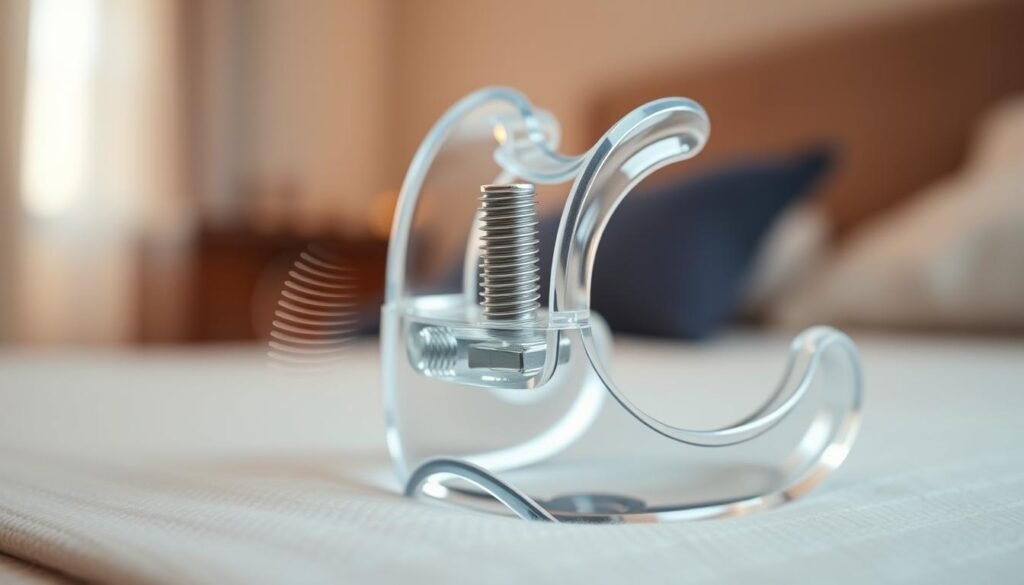 A detailed close-up image showcasing the adjustment screw mechanism of a nasal snoring dental device. In the foreground, focus on the precision-engineered screw, highlighting its metallic texture and fine threads. The middle ground should feature the dental device itself, partially transparent to reveal its inner workings, including the screw's placement and connection to the device structure. In the background, a soft-focus image of a serene bedroom setting conveys the context in which the device is used, with gentle, warm lighting to create a calming atmosphere. The angle should be slightly tilted to provide depth, capturing the intricate details while maintaining a professional and informative look.