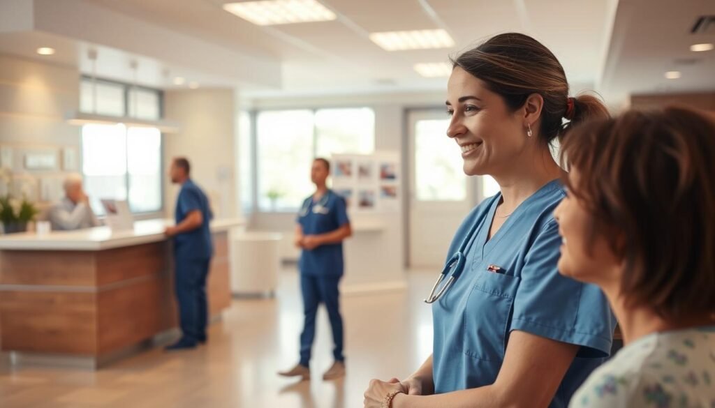 A modern, well-lit outpatient healthcare center with a warm and welcoming atmosphere. In the foreground, a professional nurse in scrubs engages with a discharged patient, explaining wound care techniques. The nurse has a friendly smile, and the patient looks attentive and reassured. In the middle ground, a clean and organized reception area is visible, with medical charts and informational brochures about home wound care. In the background, bright windows let in natural light, highlighting the professionalism of the center. The scene conveys a sense of trust and support, designed to comfort patients recovering from surgical procedures. The overall mood is calm and inviting, emphasizing the importance of professional nursing services in postoperative care. High-resolution, soft-focus photography with warm tones.