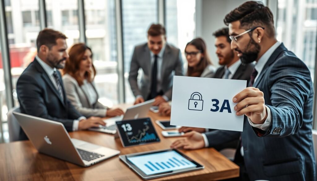 A professional and modern workspace, featuring a diverse group of business professionals engaged in a discussion around a table, emphasizing the concept of identity verification and financial security. In the foreground, one individual is highlighting a digital security document labeled "3A" with a visible lock icon, symbolizing safety. The middle ground features modern technology such as laptops and tablets displaying graphs and security features. The background showcases a contemporary office environment with large windows allowing natural light to fill the space, creating a bright and inviting atmosphere. The professionals are dressed in smart business attire, depicting a serious yet collaborative mood focused on financial safety and trust. The image reflects professionalism and the importance of verified identity in safeguarding funds.