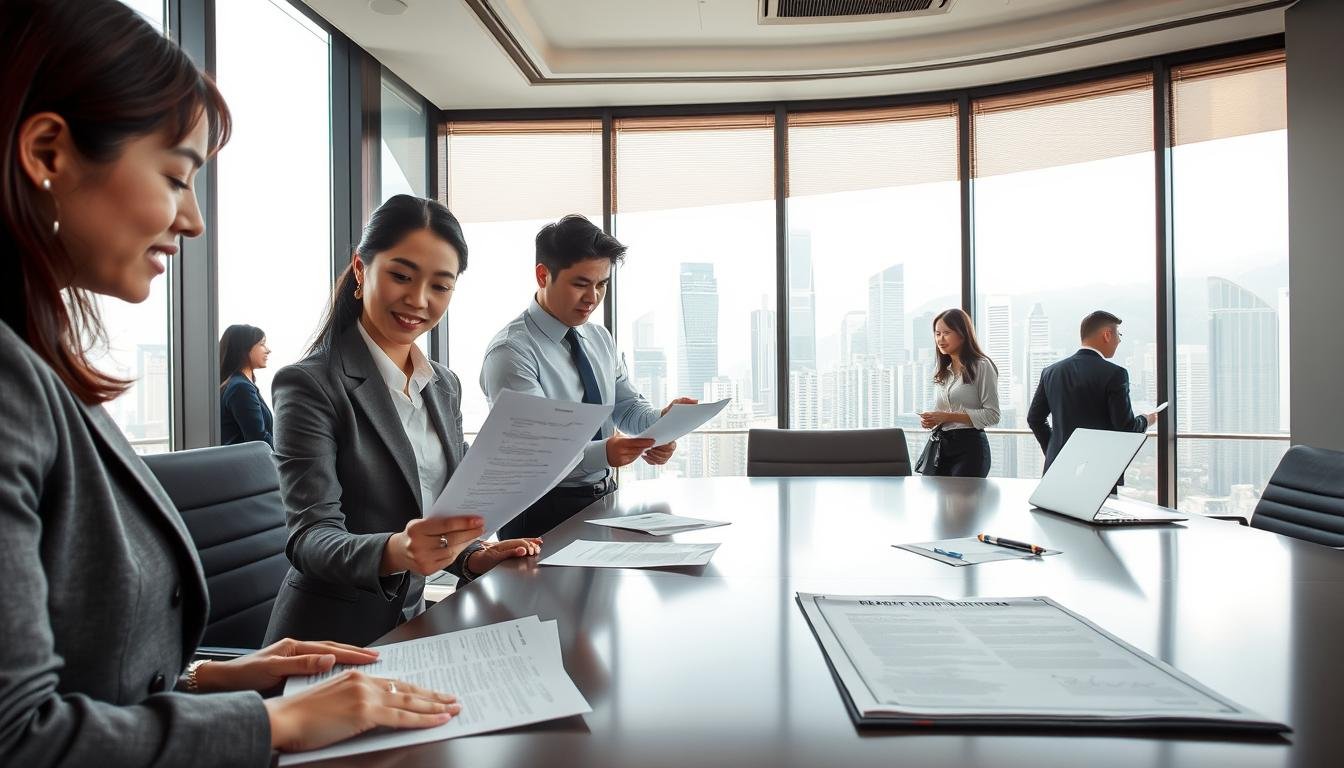 A professional office setting in Hong Kong showcasing a diverse group of businesspeople engaged in the company registration process. In the foreground, a businesswoman in formal attire points to documents on a desk, while a businessman reviews paperwork with a laptop open beside him. The middle ground features a large window revealing the skyline of Hong Kong, with skyscrapers under a bright, inviting daylight. In the background, a sleek conference table holds legal forms and a business registration certificate, emphasizing formalities. The atmosphere is dynamic yet professional, conveying the seriousness of the business registration procedure. Soft, natural lighting floods the room to create a calm yet productive ambiance.