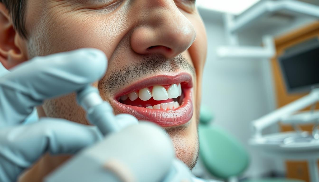 A close-up view of a patient examining their mouth in a well-lit dental office, showcasing a beautifully crafted all-ceramic dental crown on a tooth. The foreground features the patient’s face with a neutral expression, slightly frowning, indicating awareness of a mild sensitivity. In the middle ground, the dental crown is highlighted, showing intricate details such as color matching and smooth edges, while the background includes dental tools and a soft-focus dental chair, emphasizing a clinical environment. The lighting is bright and cheerful, creating a calm atmosphere, suggesting comfort and professionalism. The composition captures a moment of contemplation during the typical adjustment period after dental work, illustrating the experience of slight discomfort while eating cold foods.