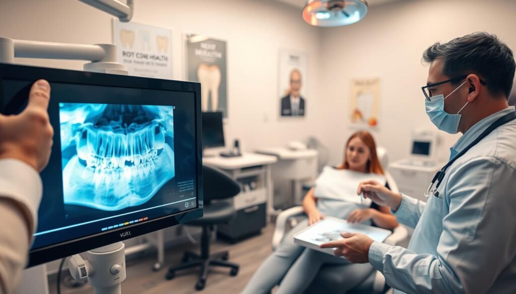 A dental clinic scene focused on the root canal treatment process. In the foreground, a dentist in professional attire is intently examining a patient’s dental X-ray on a digital screen, showing a detailed view of the tooth structure. In the middle ground, a dental chair with a patient sitting comfortably, wearing a dental bib, depicting a calm demeanor. The dentist is preparing instruments on a tray, with a soft light illuminating the workspace, creating a warm and sterile atmosphere. In the background, the dental office is well-organized with posters of dental health and equipment neatly arranged. The lighting is bright and clinical, emphasizing a sense of professionalism and care. The overall mood is reassuring, reflecting the importance of the dental treatment being performed.