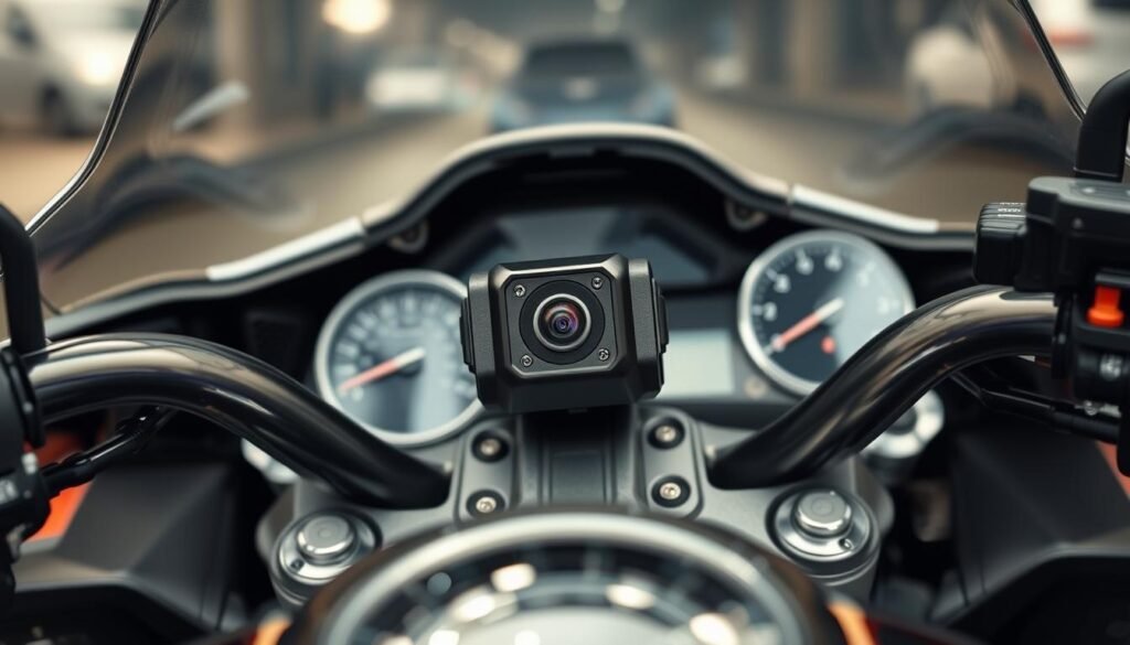 A detailed close-up view of a motorcycle's dash, featuring a high-quality dash camera installed inside the vehicle cabin. The dash camera should be prominently displayed, highlighting its rugged design and shock-resistant features. Surround the camera with elements that suggest a focus on vibration resistance, such as rubber dampeners and reinforced mounts. The interior should be well-lit to emphasize the technological aspects. In the background, include blurred images of motorcycle instruments to suggest action without distraction. The overall atmosphere should be serious and technical, conveying reliability and safety, with a hint of modern design. Use soft, diffused lighting to create a professional feel.