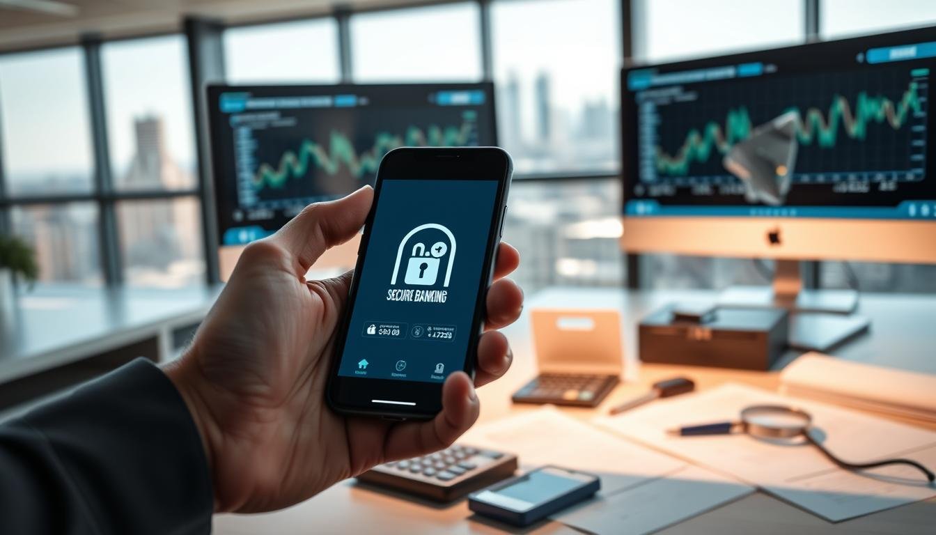 A digital representation of a secure online banking environment, showcasing a professional auditor analyzing data on dual monitors in a modern office setting. In the foreground, display a close-up of a hand holding a smartphone with a secure banking app interface visible. In the middle ground, illustrate a well-organized desk with compliance documents, a calculator, and a magnifying glass, emphasizing attention to detail. The background should include large windows with a city skyline, highlighting a sense of authority and security. Soft, natural lighting illuminates the scene, creating a calm and focused atmosphere. The overall mood should evoke professionalism and trust in financial technology. Use a slight depth of field to keep the focus on the foreground while subtly blurring the background.