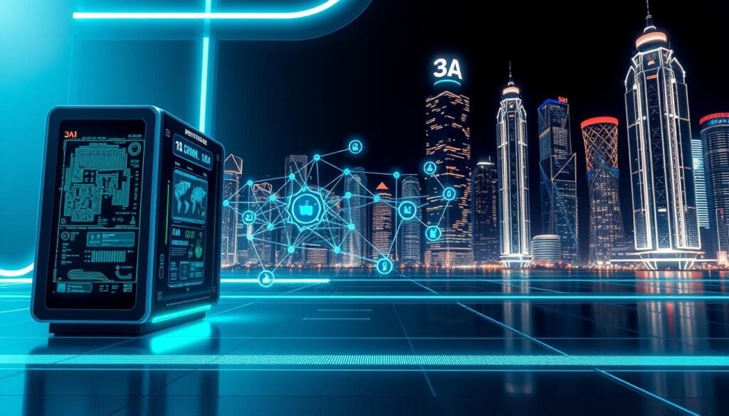 A futuristic digital interface showcasing a breakthrough automated withdrawal system for an online casino named "3A 娛樂城." In the foreground, depict a sleek, high-tech computing device with vibrant screens displaying complex algorithms and data visualizations, illuminated by soft blue and green lights. In the middle ground, incorporate abstract representations of connecting networks, symbolizing swift transactions—a flow of digital currency icons seamlessly transferring. The background should feature a stylized cityscape with glowing skyscrapers, emphasizing innovation and modernity. The overall atmosphere should evoke excitement and technological advancement, with a focus on clarity and efficiency in digital finance solutions. Capture the scene with a slight aerial angle to emphasize the grandeur of the system.