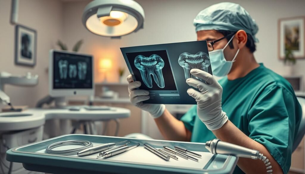 A highly detailed illustration of a dental surgery scene focusing on root canal treatment, showing a dentist in professional attire, wearing green scrubs and gloves, attentively examining a dental radiograph. In the foreground, a dental chair is equipped with high-tech instruments, and a soft light illuminates the area, enhancing the clinical ambience. The middle ground features an array of dental tools such as an endodontic file and a suction device, arranged neatly on a sterile tray. The background displays a modern dental office setting with supportive equipment and calming decorations. The mood is serious yet hopeful, symbolizing the importance of dental health and recovery. The image should capture the meticulous nature of dental procedures while ensuring a sense of professionalism and care.