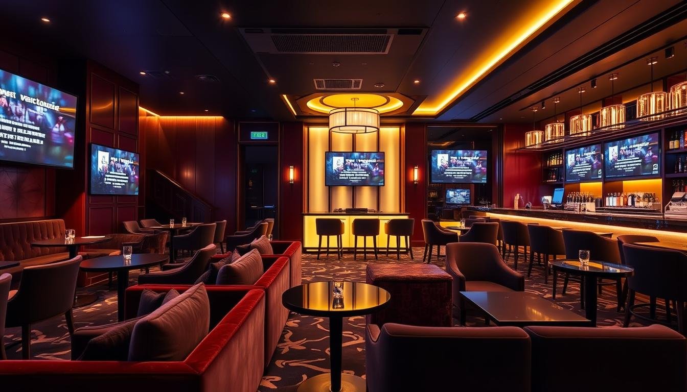 A luxurious KTV lounge in a high-end Taipei hotel, showcasing elegant furnishings and state-of-the-art karaoke equipment. In the foreground, plush velvet seating and stylish tables accommodate guests, while mood lighting casts a warm glow over the space. The middle ground features sleek sound systems, large screens displaying music lyrics, and private rooms with soundproof glass partitions. In the background, a well-stocked bar with premium drinks and sophisticated décor adds to the ambiance. The scene is illuminated by softly diffused lighting, creating an inviting yet exclusive atmosphere. Capture the essence of refined leisure and opulence in this modern entertainment destination.