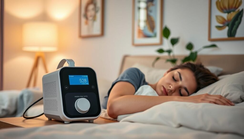 A serene bedroom scene showcasing a comfortable, well-organized space where a modern sleep apnea machine is prominently placed on a bedside table. In the foreground, a person in modest casual clothing is peacefully sleeping, their face relaxed, surrounded by plush pillows and soft blankets. The middle layer features a gentle, ambient glow from a bedside lamp, casting warm light over the room, creating a tranquil atmosphere. In the background, soft-focus elements include calming artwork on the walls and a potted plant, emphasizing a peaceful and allergen-free environment. The image should convey the idea of improved breathing comfort and restful sleep for allergy sufferers, with soft, inviting colors and a sense of well-being throughout.