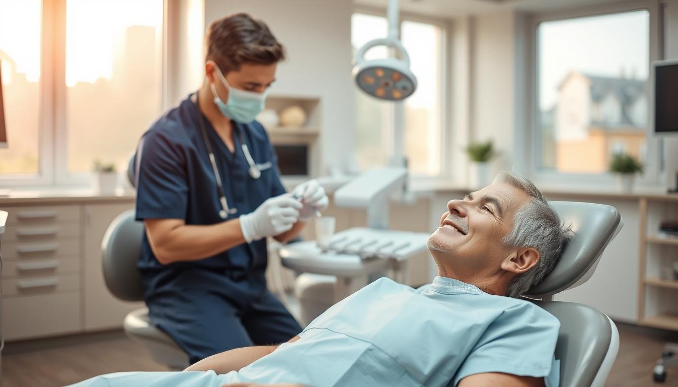 A serene dental clinic scene focusing on the comforting atmosphere of a dental implant procedure. In the foreground, a patient reclines comfortably in a modern dental chair, wearing a light blue dental gown, looking relaxed and at ease. In the middle ground, a dentist in professional attire, wearing a mask and gloves, is administering a local anesthetic with a gentle and caring approach. The background features a well-organized dental office with soft, warm lighting and calming colors, enhancing the feeling of safety and tranquility. Natural light filters through large windows, casting a gentle glow over the space. The overall mood is peaceful, emphasizing comfort and professionalism during the dental implant process.