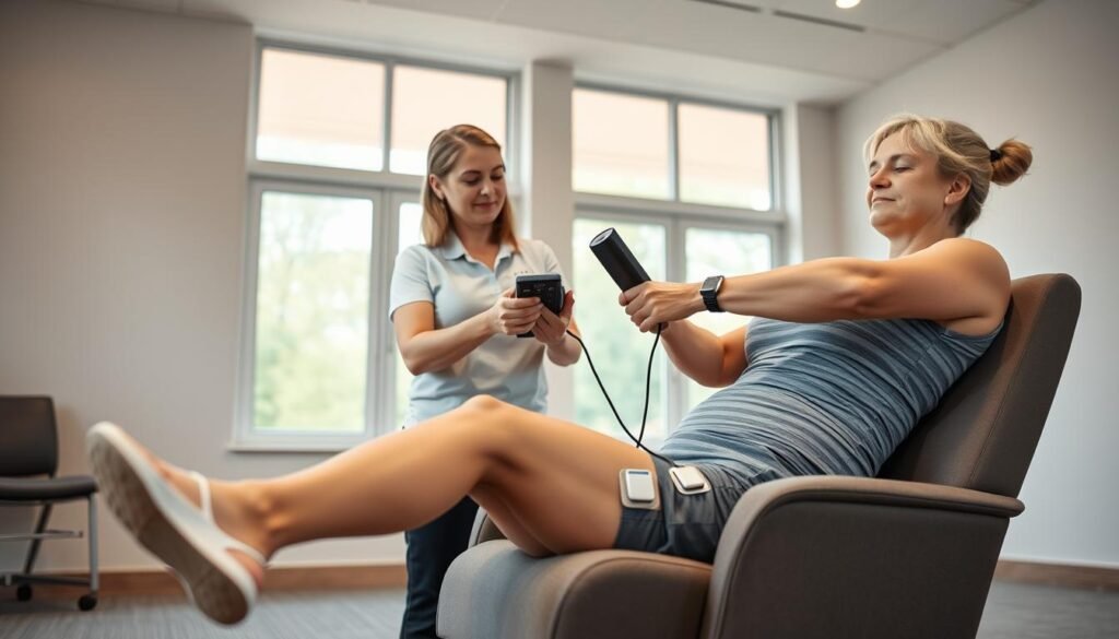 A serene rehabilitation room focused on ACL recovery with visible neuromuscular electrical stimulation (NMES) devices applied to a patient's quadriceps. The foreground features a patient seated in a comfortable recliner, dressed in modest athletic wear, with electrodes attached to their thigh. In the middle ground, a physical therapist is demonstrating the NMES device, showcasing meticulous attention to the patient's well-being and technique. The background reveals large windows allowing natural light to illuminate the space, creating a calm and encouraging atmosphere. Soft, diffused lighting enhances the focus on the therapy session while maintaining a professional, clinical environment. The camera angle is slightly elevated, capturing the dynamic interaction between the therapist and patient, emphasizing the importance of their collaboration in the recovery process.