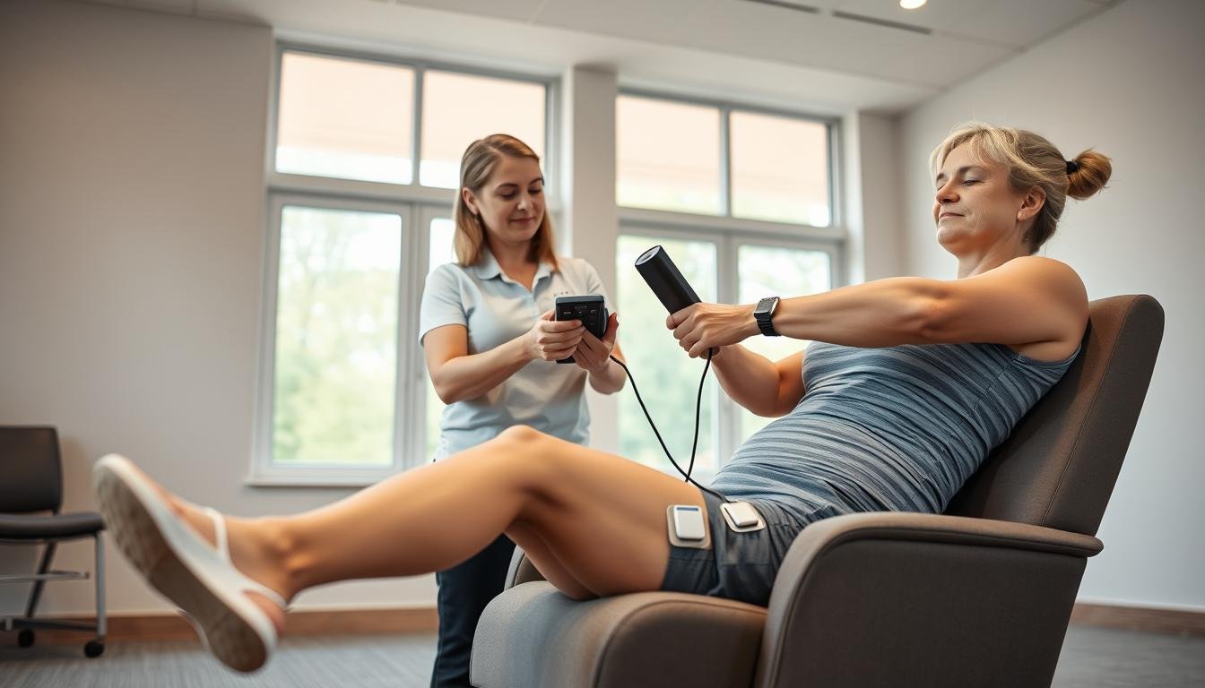 A serene rehabilitation room focused on ACL recovery with visible neuromuscular electrical stimulation (NMES) devices applied to a patient's quadriceps. The foreground features a patient seated in a comfortable recliner, dressed in modest athletic wear, with electrodes attached to their thigh. In the middle ground, a physical therapist is demonstrating the NMES device, showcasing meticulous attention to the patient's well-being and technique. The background reveals large windows allowing natural light to illuminate the space, creating a calm and encouraging atmosphere. Soft, diffused lighting enhances the focus on the therapy session while maintaining a professional, clinical environment. The camera angle is slightly elevated, capturing the dynamic interaction between the therapist and patient, emphasizing the importance of their collaboration in the recovery process.