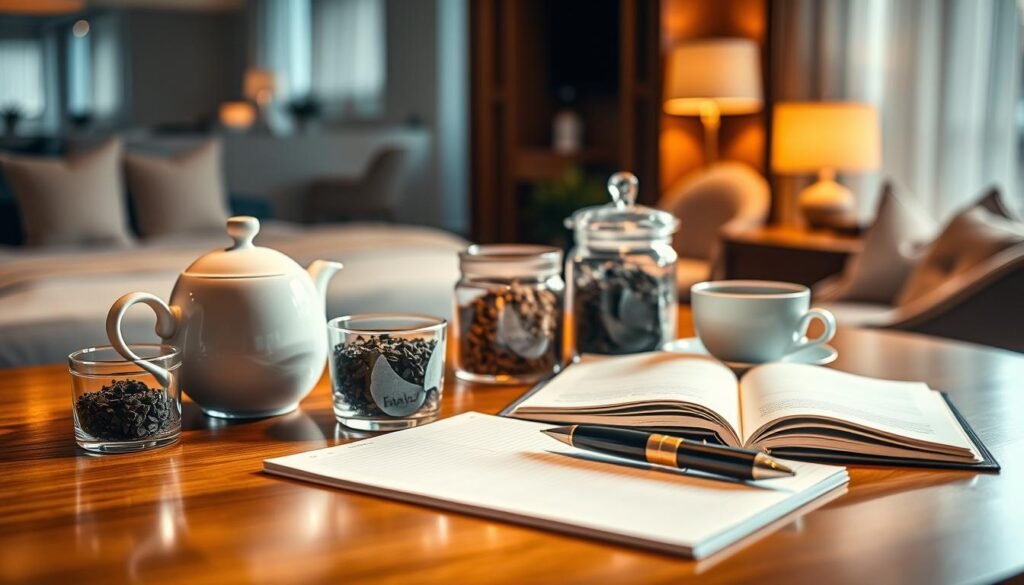 A beautifully arranged scene featuring a selection of premium tea products on a polished wooden table, illuminated by soft, warm lighting that creates a cozy and intimate atmosphere. In the foreground, a delicate teapot and matching cups sit alongside assorted loose leaf teas, elegantly presented in clear glass jars. The middle ground showcases an open notebook and an elegant pen, symbolizing effective time management during business travel. In the background, a softly blurred view of a peaceful hotel room or a stylish café setting adds depth while emphasizing relaxation. The composition conveys a sense of warmth and professionalism, ideal for highlighting the impact of tea on personal organization. The image captures a cinematic vibe with a 4:3 aspect ratio, evoking tranquility and focus perfect for a business context.
