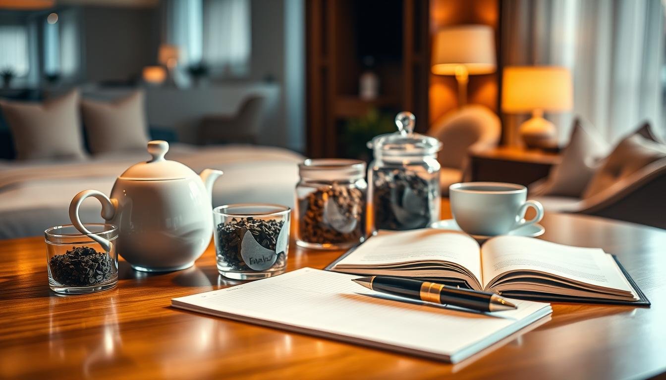 A beautifully arranged scene featuring a selection of premium tea products on a polished wooden table, illuminated by soft, warm lighting that creates a cozy and intimate atmosphere. In the foreground, a delicate teapot and matching cups sit alongside assorted loose leaf teas, elegantly presented in clear glass jars. The middle ground showcases an open notebook and an elegant pen, symbolizing effective time management during business travel. In the background, a softly blurred view of a peaceful hotel room or a stylish café setting adds depth while emphasizing relaxation. The composition conveys a sense of warmth and professionalism, ideal for highlighting the impact of tea on personal organization. The image captures a cinematic vibe with a 4:3 aspect ratio, evoking tranquility and focus perfect for a business context.