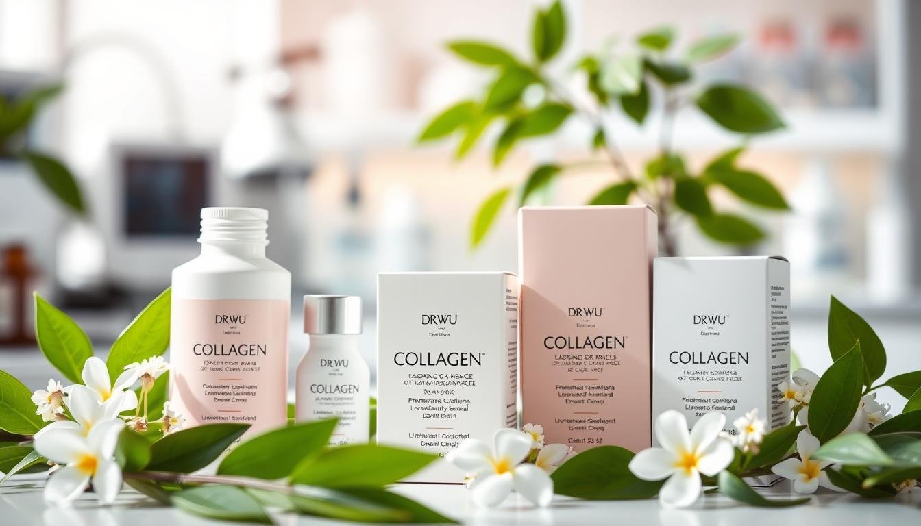 A close-up shot of a beautifully arranged skincare product display featuring DR.WU collagen supplements. In the foreground, there are elegantly designed bottles and boxes with pastel hues and minimalist branding. Surrounding them are lush green leaves and delicate flowers, symbolizing nature and vitality. In the middle ground, a soft-focus laboratory setting can be seen, suggesting a scientific approach to skincare with modern equipment subtly blurred in the background. The lighting is bright and natural, creating a fresh and inviting ambiance. The overall mood is serene and professional, evoking a sense of trust and efficacy in the collagen products.