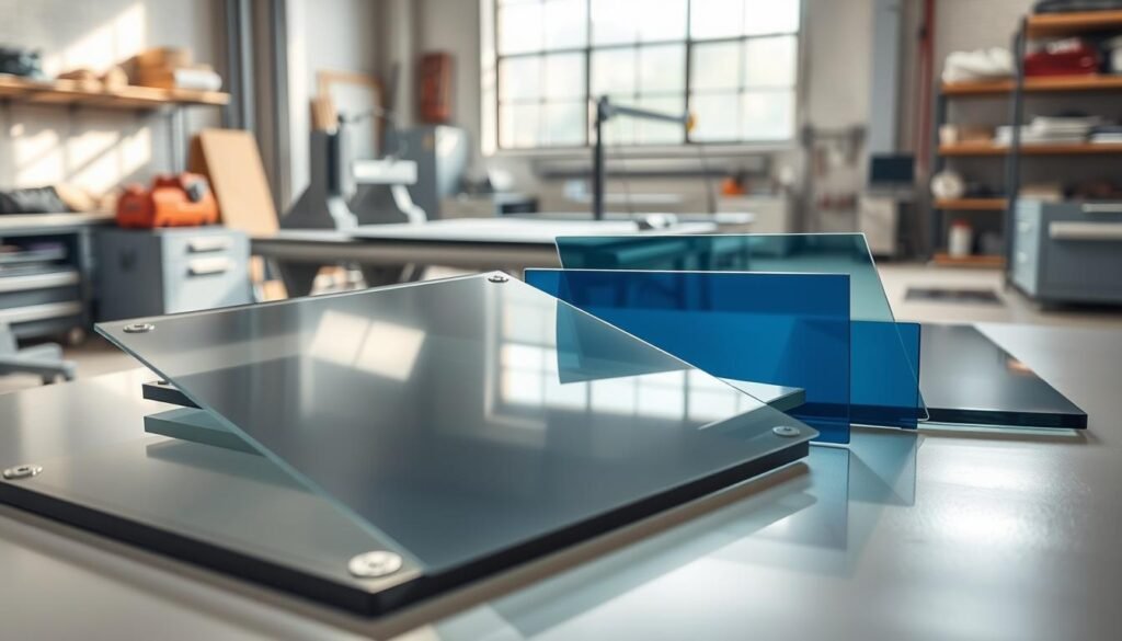 A collection of flat polycarbonate sheets displayed prominently in the foreground, showcasing their smooth, transparent surfaces with a slight reflection. The sheets are arranged at different angles to highlight their versatility and thickness variations. In the middle ground, a well-lit workspace with soft natural light pouring in from a large window, casting gentle shadows that emphasize the sheets' clarity and design. In the background, tools and materials related to the processing of polycarbonate, such as cutting equipment and samples of anti-scratch coatings, subtly hinting at their practical applications. The atmosphere is professional and clean, conveying innovation and reliability in surface protection. Capture this scene from a slight bird's-eye view to provide depth and context, using a shallow depth of field for clarity.