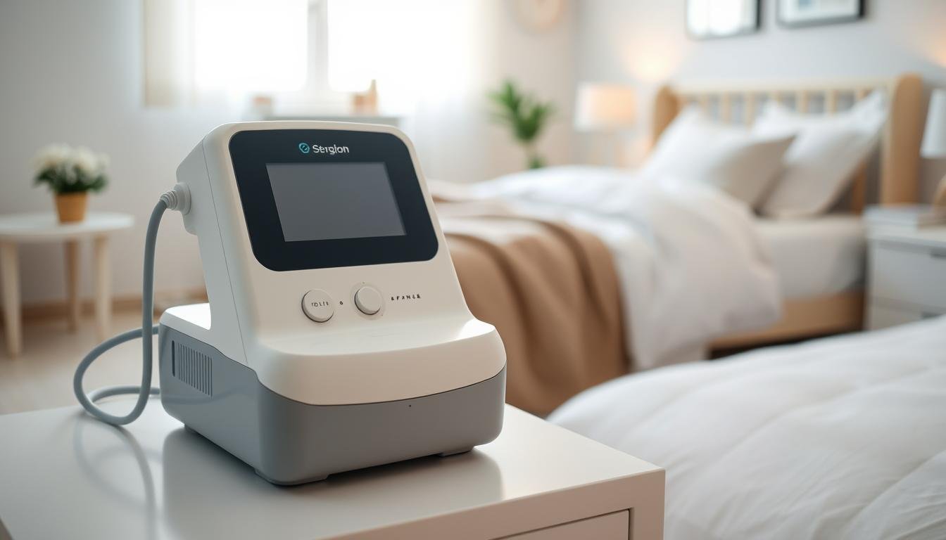 A gently lit, well-organized room featuring a second-hand sleep apnea machine prominently placed on a clean, minimalistic bedside table. The machine is modern and sleek, with soft, inviting colors, showcasing features like a digital display and tubing. In the background, a soft-focus view of a cozy bedroom, with a neatly made bed and calming decor, enhances the atmosphere of comfort and safety. Natural light filters through a window, casting a warm glow across the scene. The mood should convey reassurance and reliability, inviting the viewer to consider the benefits of choosing a pre-owned medical device in a serene environment.