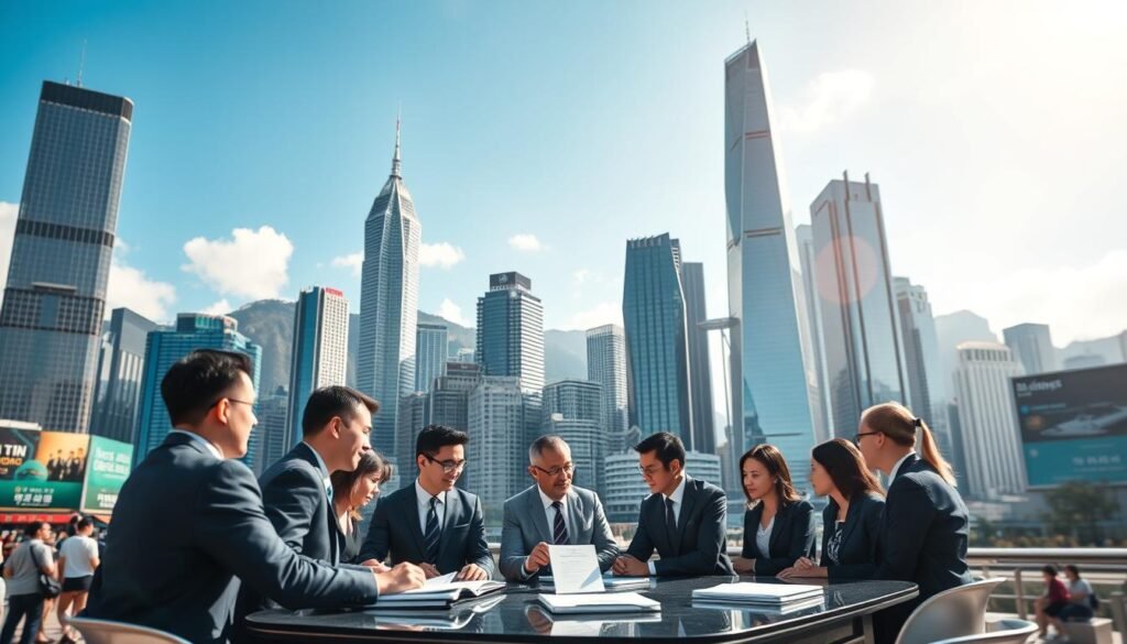 A vibrant and dynamic cityscape of Hong Kong, showcasing iconic skyscrapers such as the International Commerce Centre and the Bank of China Tower against a clear blue sky. In the foreground, a diverse group of professionals in smart business attire are engaged in a discussion, with documents and laptops on a table in front of them, symbolizing collaboration and growth. The middle ground features bustling streets and people, emphasizing the city's vibrant economy, with billboards advertising business opportunities. Sunlight bathes the scene, creating a bright and optimistic atmosphere, while a slight depth of field effect blurs the background, drawing focus to the professionals. The angle is slightly elevated, providing a comprehensive view of both the people and the impressive skyline, illustrating the advantages of starting a business in Hong Kong.
