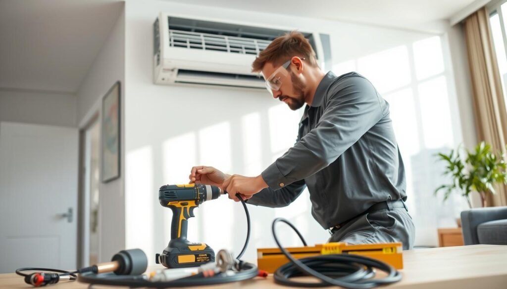 A professional technician wearing a crisp uniform and safety goggles, carefully installing a wall-mounted air conditioning unit in a modern apartment's living room. The foreground shows detailed tools like a drill, level, and cables neatly arranged. In the middle ground, the technician is focused on connecting refrigerant lines and electrical wires, ensuring precision. The background features a clean, modern interior with large windows, allowing natural light that enhances the industrious atmosphere. Soft shadows create a sense of depth, while the overall mood conveys a sense of professionalism and diligence in ensuring a successful air conditioning installation. Emphasize clarity and technical skill in the installation process without any distractions or additional elements.