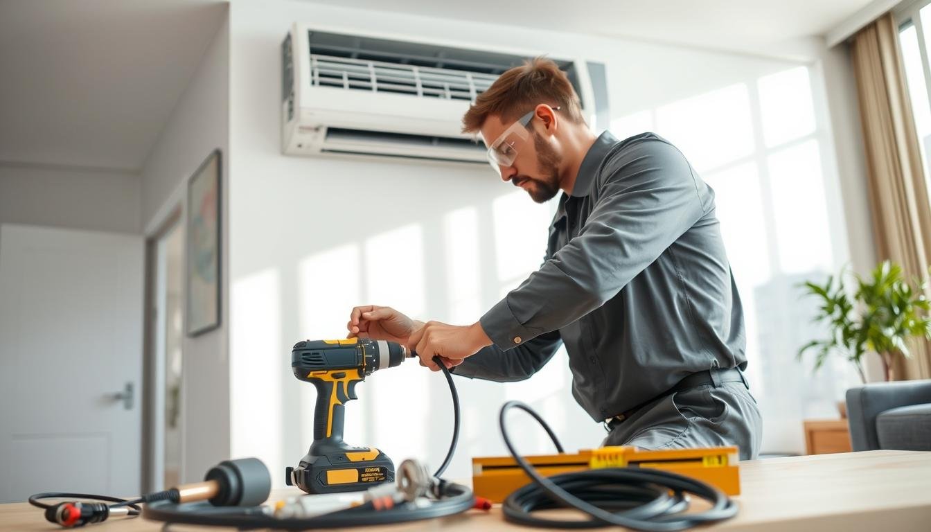 A professional technician wearing a crisp uniform and safety goggles, carefully installing a wall-mounted air conditioning unit in a modern apartment's living room. The foreground shows detailed tools like a drill, level, and cables neatly arranged. In the middle ground, the technician is focused on connecting refrigerant lines and electrical wires, ensuring precision. The background features a clean, modern interior with large windows, allowing natural light that enhances the industrious atmosphere. Soft shadows create a sense of depth, while the overall mood conveys a sense of professionalism and diligence in ensuring a successful air conditioning installation. Emphasize clarity and technical skill in the installation process without any distractions or additional elements.