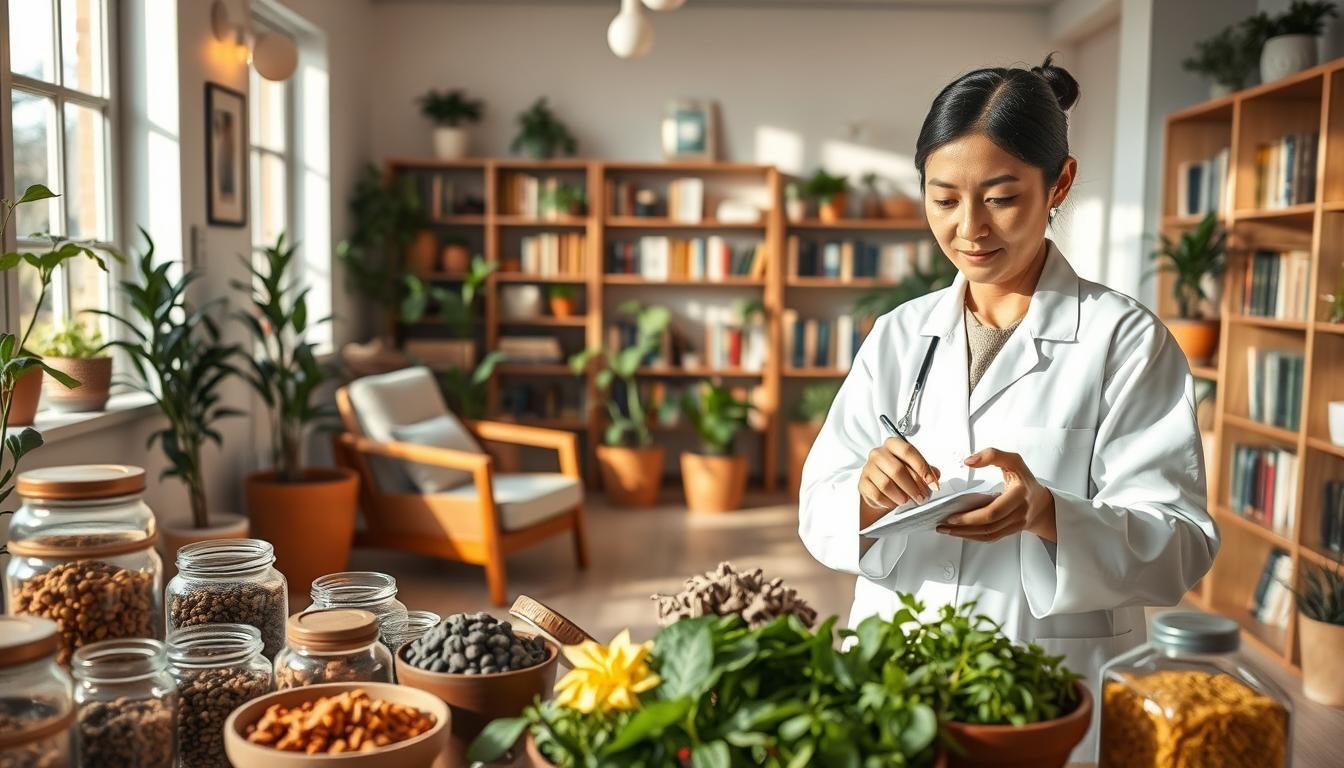 A serene and inviting herbal medicine clinic specializing in women's health. In the foreground, a female practitioner wearing a white lab coat and modest attire is examining traditional Chinese herbal remedies, surrounded by jars of dried herbs and a beautifully arranged display of fresh ingredients. In the middle layer, a cozy consultation area with wooden furniture, soft lighting, and potted plants, creating an atmosphere of warmth and comfort. In the background, shelves lined with books on gynecology and traditional Chinese medicine, enhancing the educational vibe. The overall mood should be calm and professional, with natural light filtering through large windows, casting soft shadows across the room, evoking a sense of trust and healing.