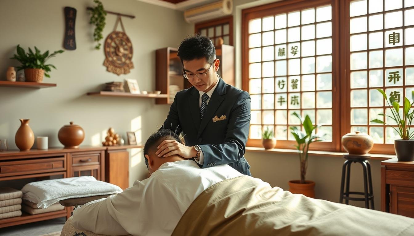 A serene and inviting scene depicting a traditional Chinese medicine clinic in Sha Tin, showcasing acupuncture and cupping therapy. In the foreground, a skilled practitioner in modest professional attire is performing acupuncture on a patient, focusing on their neck and shoulder areas, conveying a sense of calm and relief. The middle ground features a well-organized treatment room, with herbs and traditional medicinal tools elegantly displayed. In the background, soft natural light filters through large windows, enhancing the tranquil atmosphere. The color palette is soothing, with greens and browns dominating to evoke a healing environment. The overall mood is one of comfort and wellness, illustrating the effective approach of Sha Tin’s traditional Chinese medicine in addressing long-term pain and stiffness.