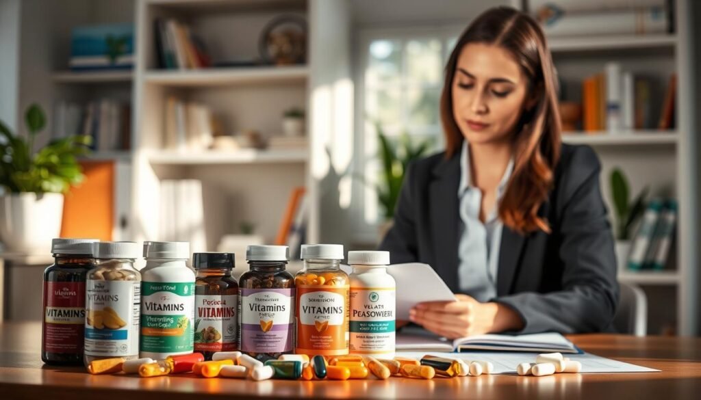A well-lit, inviting scene depicting a modern workspace focused on women’s health vitamins purchased through a U.S. sourcing service. In the foreground, display a stylish arrangement of various vitamin bottles tailored for women, showcasing appealing labels and different shapes. In the middle ground, feature a professional woman in modest business attire, analyzing the vitamins with a thoughtful expression, surrounded by notes and charts that show comparisons in effectiveness. The background includes soft-focus shelves filled with health-related books and a potted plant, creating a calming atmosphere. Use natural, bright lighting to evoke positivity and healthfulness, with a slight depth of field to emphasize the vitamins and the woman’s engagement with the product, capturing a sense of informed decision-making and care.