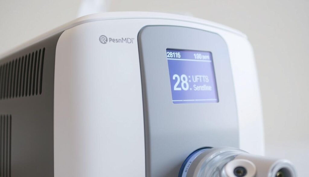 Product close-up of ResMed AirSense 11 sleep apnea machine, modern sleek design, glowing touchscreen interface, elegant white and grey colors, studio lighting, clean background.