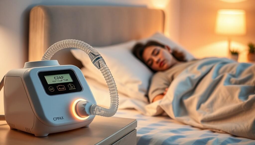 A cozy bedroom scene featuring a person comfortably sleeping with a CPAP machine next to their bedside. The foreground includes the CPAP machine with its soft, illuminated display, connected to a clear, flexible mask resting gently on the user's face. In the middle, a relaxed individual, dressed in modest pajamas, sleeps peacefully, showcasing the machine's role in promoting restful sleep. The background features a softly lit room, with calming pastel colors on the walls, a nightstand with a small lamp, and subtle decorative elements like plants or books, creating a serene atmosphere. The lighting is warm and inviting, casting gentle shadows to enhance the tranquility of the setting, captured through a soft-focus lens for a comforting, peaceful mood.