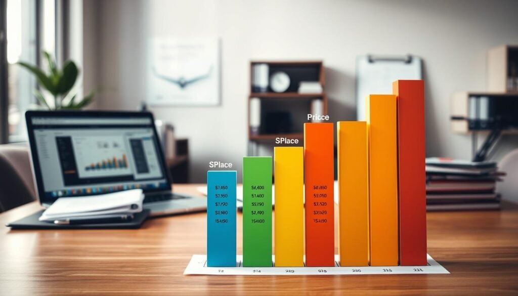 A professional setting showcasing a vivid and detailed price comparison chart for accounting services. In the foreground, a clear, visually striking bar graph displays various pricing tiers with contrasting colors to represent different service packages. The middle ground consists of a stylish office environment with a sleek desk, a laptop open to a financial dashboard, and documents neatly organized. In the background, soft natural light streams in through a window, creating a warm and inviting atmosphere. The scene conveys a sense of professionalism and transparency in pricing, with a calm vibe suggesting trust in financial advice. The composition should be balanced and focused, emphasizing clarity and accessibility in accounting service pricing.