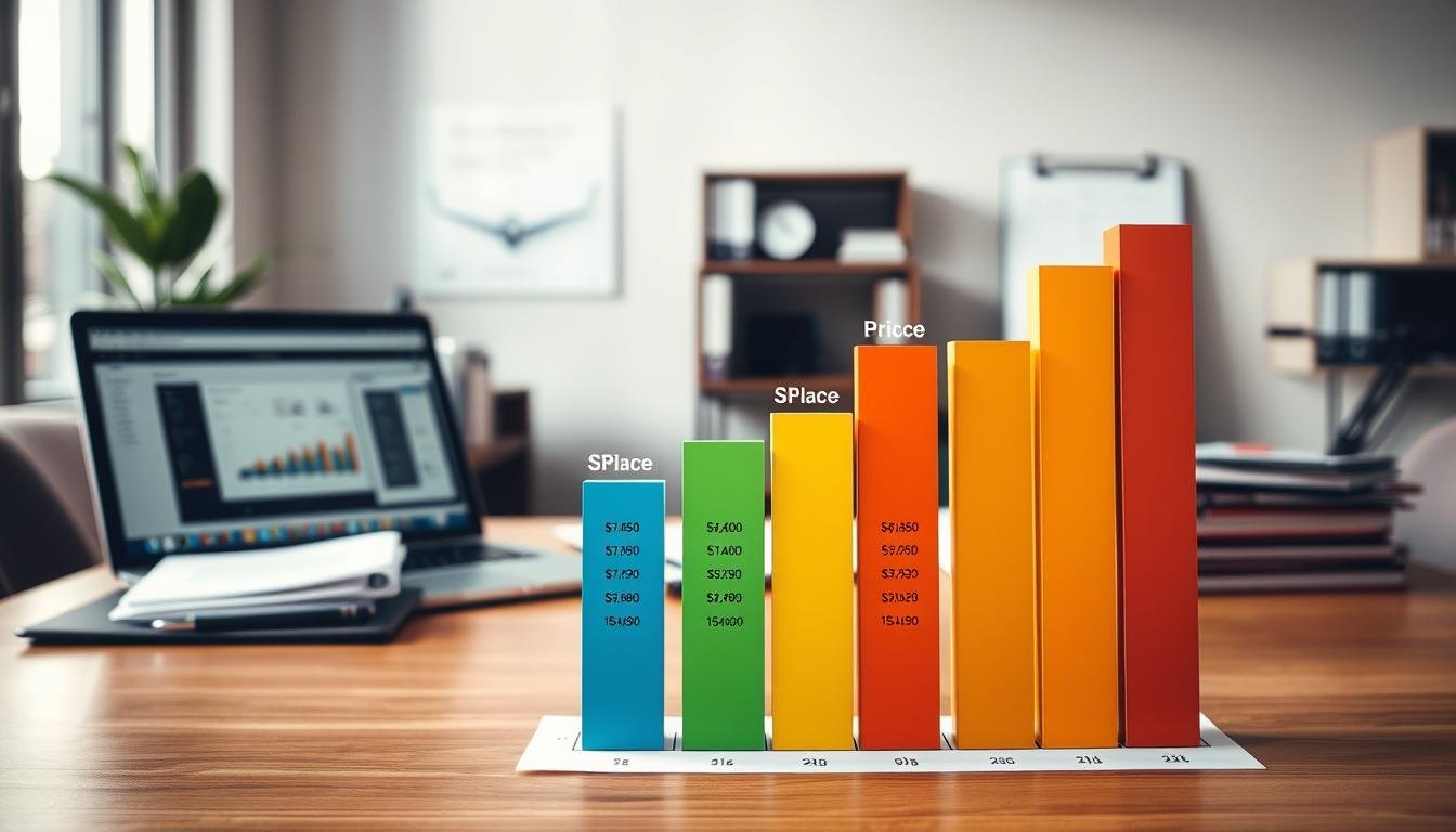 A professional setting showcasing a vivid and detailed price comparison chart for accounting services. In the foreground, a clear, visually striking bar graph displays various pricing tiers with contrasting colors to represent different service packages. The middle ground consists of a stylish office environment with a sleek desk, a laptop open to a financial dashboard, and documents neatly organized. In the background, soft natural light streams in through a window, creating a warm and inviting atmosphere. The scene conveys a sense of professionalism and transparency in pricing, with a calm vibe suggesting trust in financial advice. The composition should be balanced and focused, emphasizing clarity and accessibility in accounting service pricing.