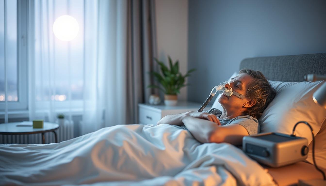 A serene, softly lit room depicting a patient lying comfortably in bed, using a CPAP machine for respiratory therapy, designed to reduce discomfort from abdominal bloating. In the foreground, the patient, dressed in modest, casual clothing, appears calm and relaxed, with the gentle hum of the machine creating a peaceful atmosphere. The middle ground shows a bedside table with a water bottle and a small plant, adding a touch of life. In the background, a dimly lit window reveals a tranquil nighttime scene with soft moonlight filtering in. The overall mood is soothing and reassuring, highlighting the connection between respiratory therapy and alleviation of discomfort. The image should have a soft focus with warm, inviting lighting.